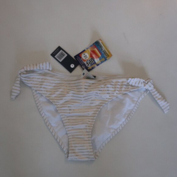 NWT Womens SR Swim (Snapper Rock) Gold, White Striped Bikini  Bottom L SPF 50 + - Picture 1 of 5